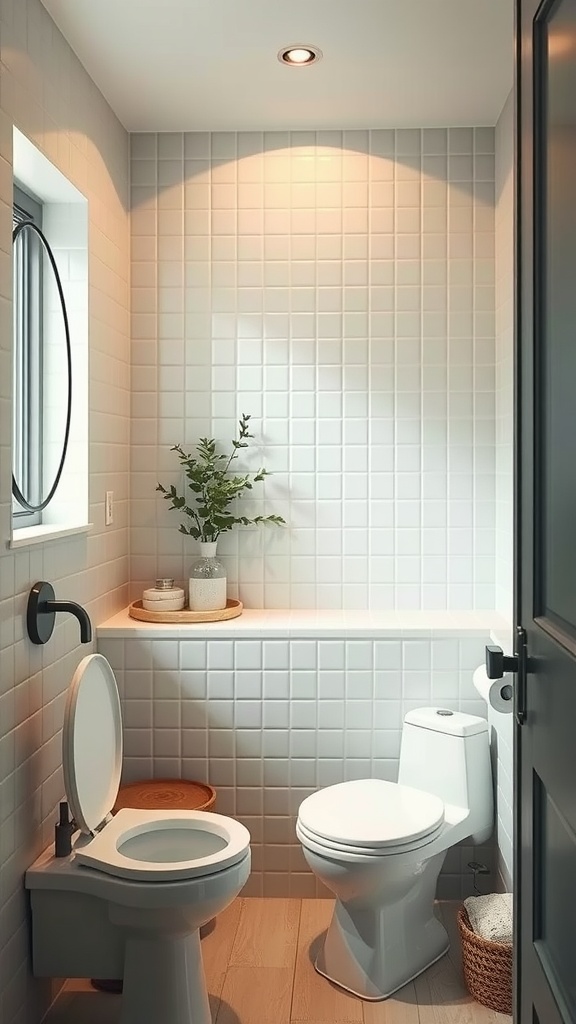 A small bathroom with neutral tiles, a round mirror, and a plant on the shelf, creating a spa-like atmosphere.