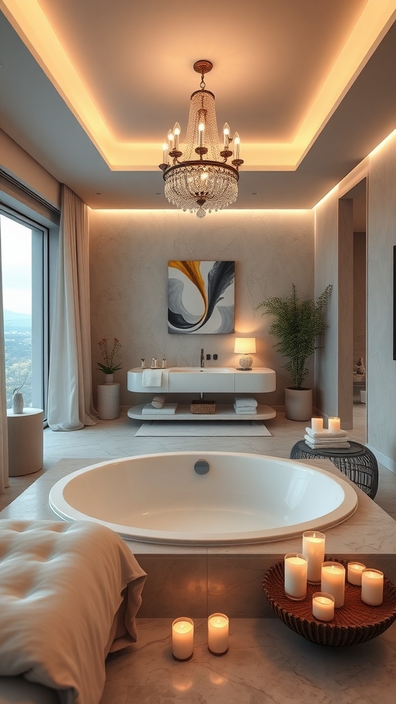 A luxurious spa-like bathroom featuring a large bathtub, candles, plants, and elegant lighting.