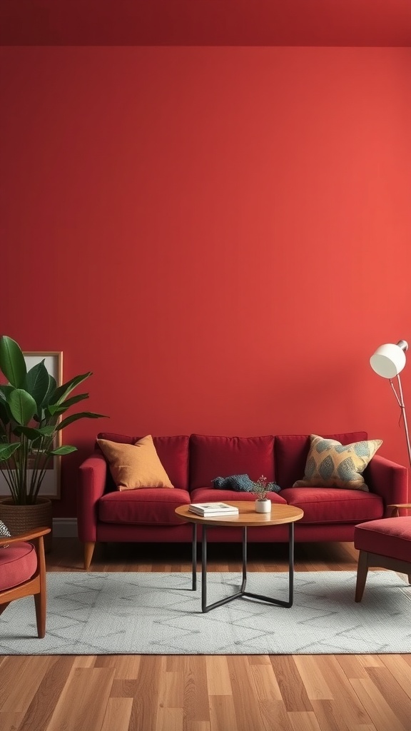 A cozy living room featuring a bold red statement wall, red couch with pillows, and a plant.