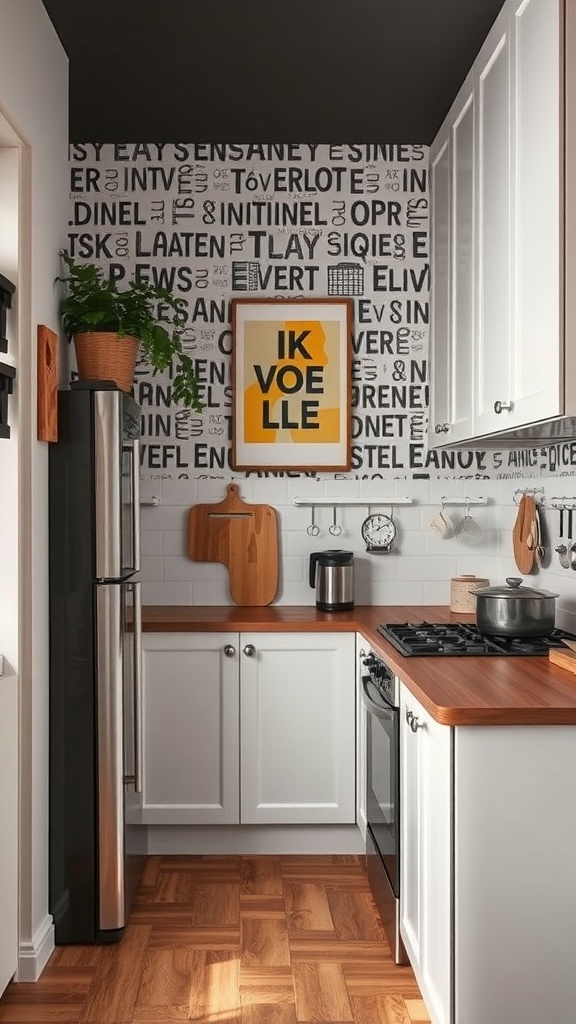 A small kitchen featuring a statement wall with bold typography and a dark ceiling, complemented by white cabinets and a wooden countertop.