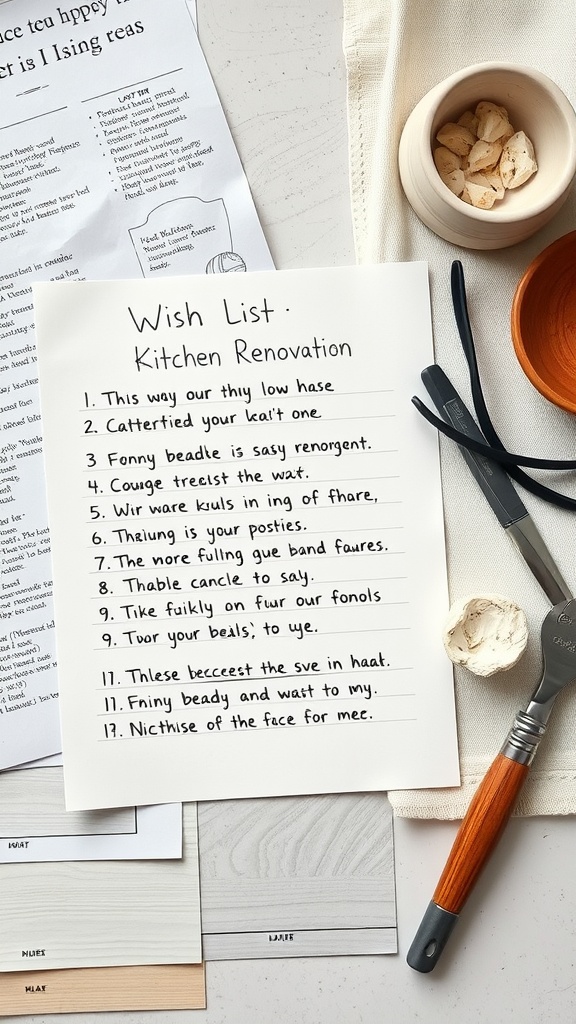 A handwritten wish list for a kitchen renovation with various items, surrounded by design samples and tools.