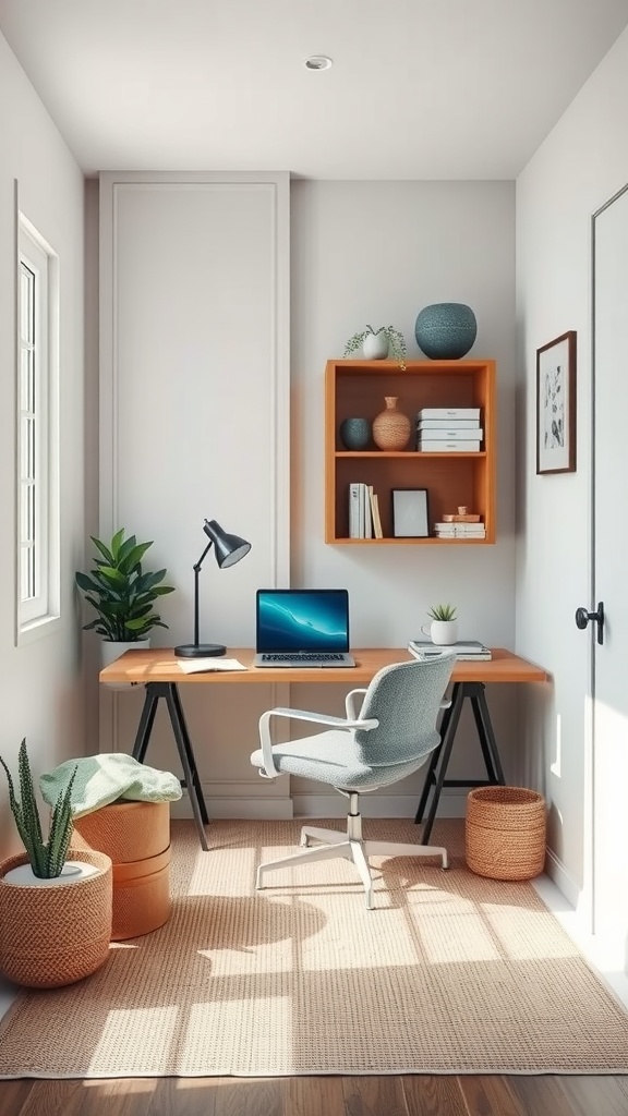 A cozy small home office with a light color scheme, a wooden desk, and decorative items creating a calming workspace.
