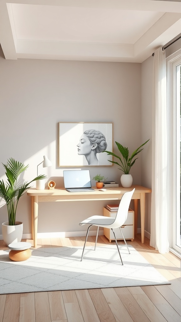 A serene home office setup featuring a wooden desk, laptop, plants, and natural light.