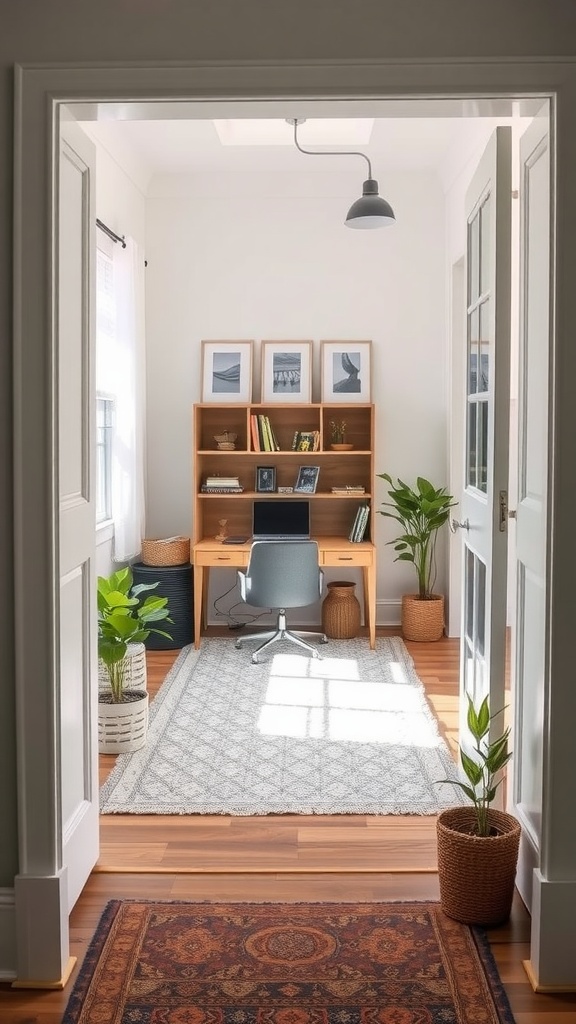 A cozy and inviting small home office with a desk, plants, and warm lighting.