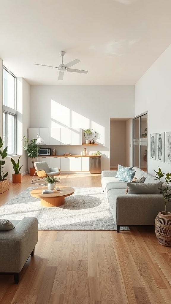 A spacious, bright living room with large windows, light wood flooring, and minimalistic decor.