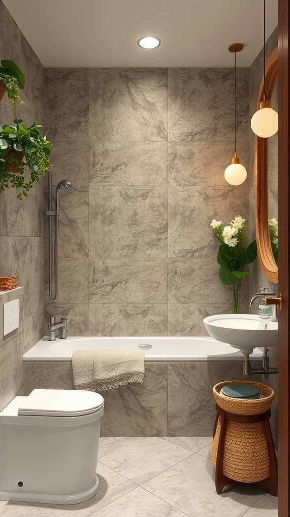 A modern bohemian bathroom with earthy tones, plants, and warm lighting.