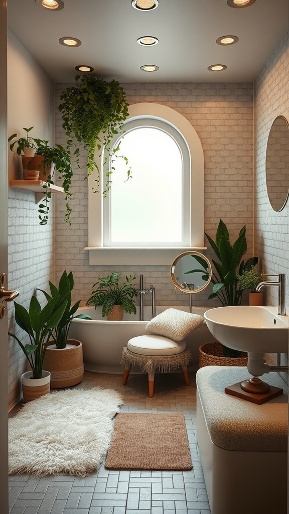 A cozy Boho-style bathroom with plants, soft rug, and natural light.