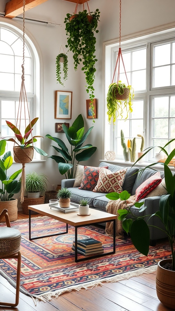 A cozy living room featuring vibrant houseplants, a sofa with patterned cushions, a wooden coffee table, and a colorful rug.