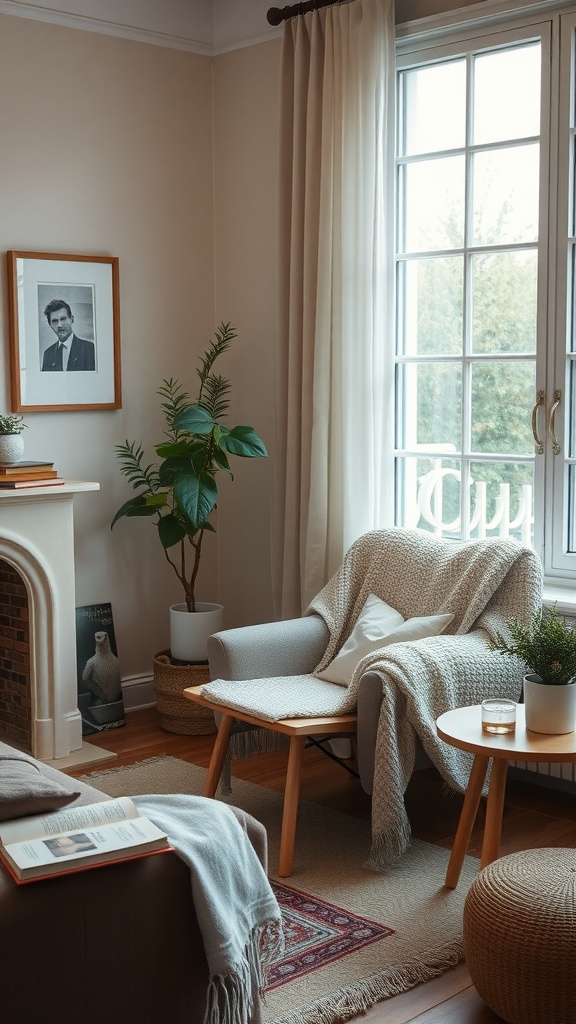 A cozy living room nook featuring a comfortable chair, a knitted throw, a small table with a plant, and soft natural light from a window.