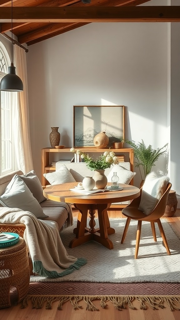Cozy small living dining room with soft textiles, wooden furniture, and warm lighting