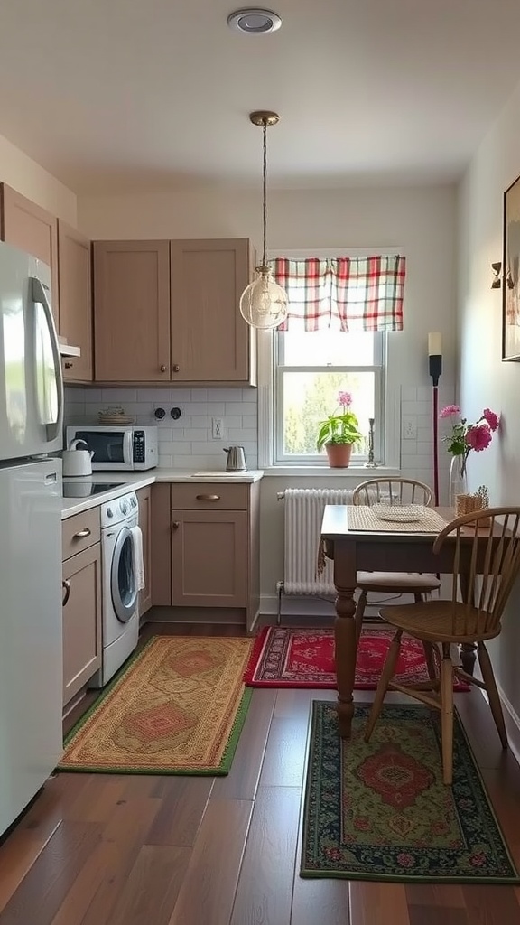 A small kitchen featuring rugs that define different zones, including a dining area and a laundry space.