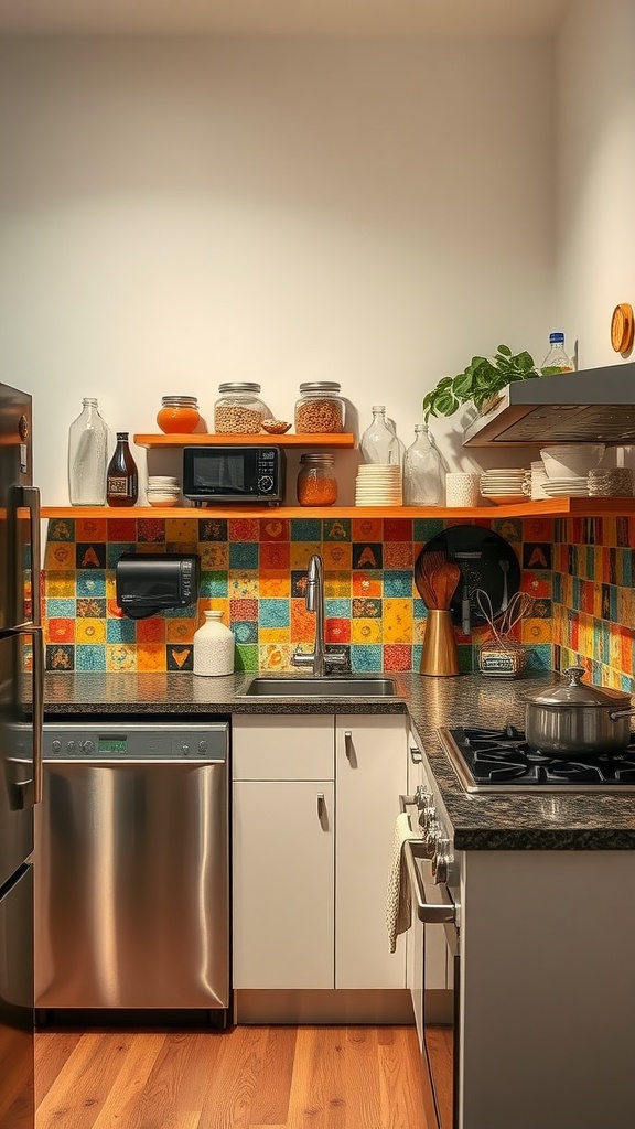 A colorful tiled backsplash in a small kitchen, featuring vibrant designs and patterns.