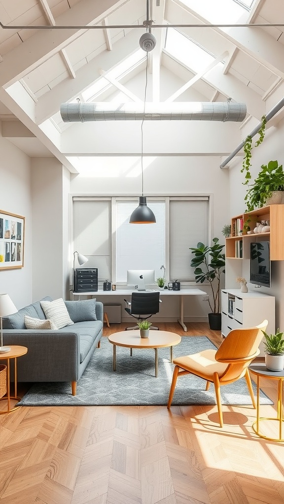 A modern home office with an open layout featuring a cozy sofa, wooden furniture, and plenty of natural light.