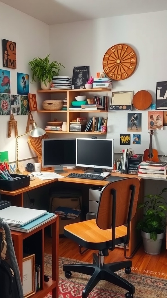 A creative corner in a home office featuring a wooden desk with two computer monitors, shelves filled with books and art supplies, colorful wall art, and plants.