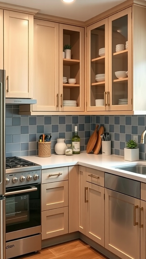 A modern kitchen with creative corner storage, featuring glass-front cabinets, plants, and a stylish layout.