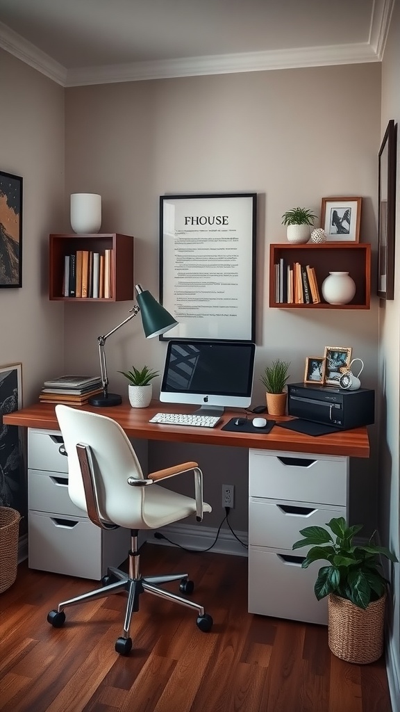 A well-organized feminine small home office with a wooden desk, iMac, and decorative elements.