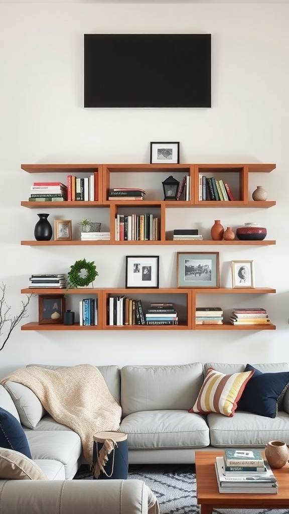A modern living room featuring creative floating shelves filled with books and decor.