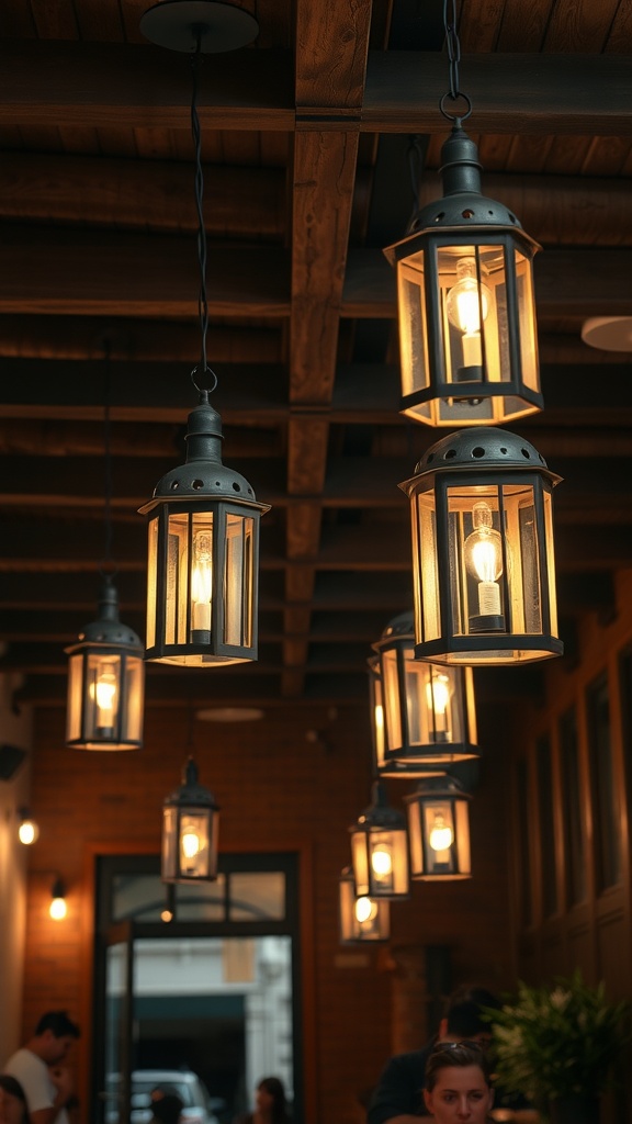 A collection of lanterns hanging from a wooden ceiling, casting a warm glow in a rustic setting.