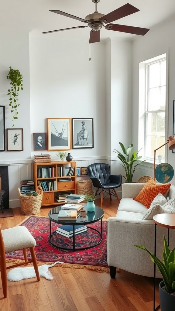 Cozy living room with eclectic decor and a mix of plants, art, and furniture.