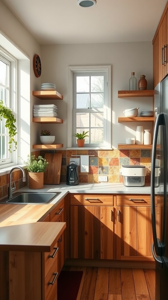 A small modern kitchen with reclaimed wood cabinets, open shelving, and a colorful tiled backsplash.