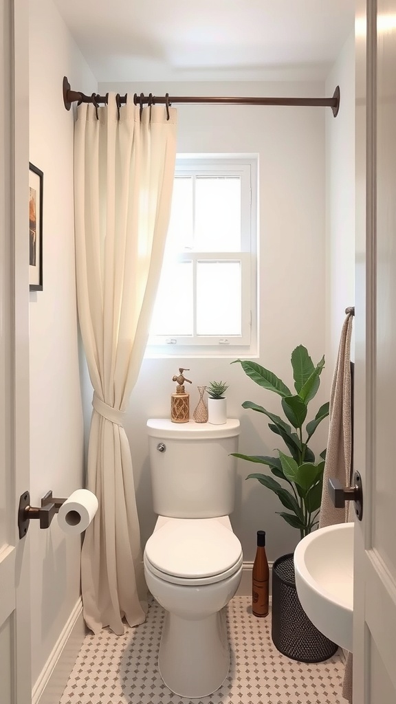 Small bathroom with a creative shower curtain rod installation and plants.