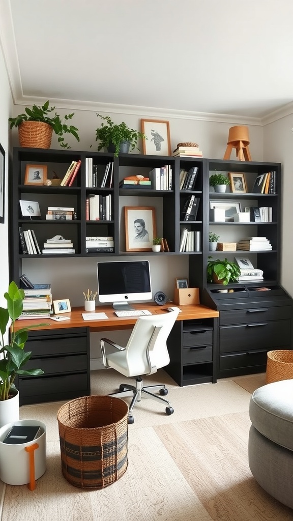 Cozy fall home office with black bookshelves, wooden desk, and plants.