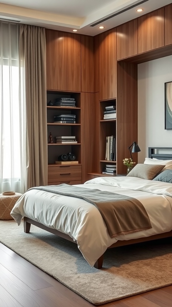 A modern bedroom showcasing creative storage solutions with wooden shelves and a neatly made bed.