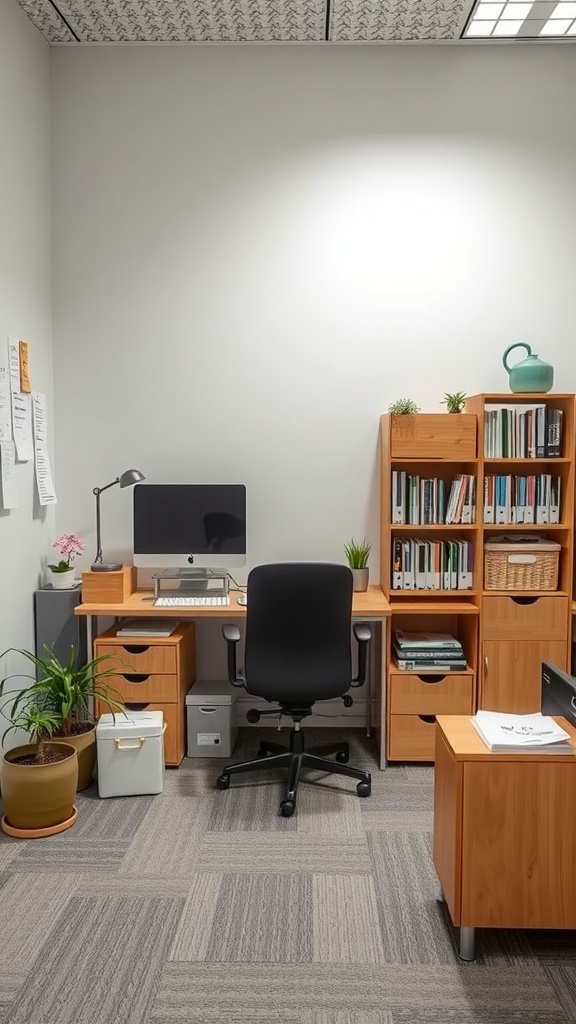 Small office interior with organized storage solutions including a desk, bookshelves, and plants.