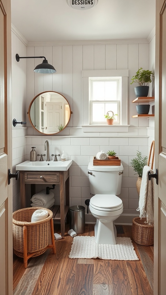 A creative storage solution in a farmhouse bathroom featuring wooden elements, shelves, and wicker baskets.