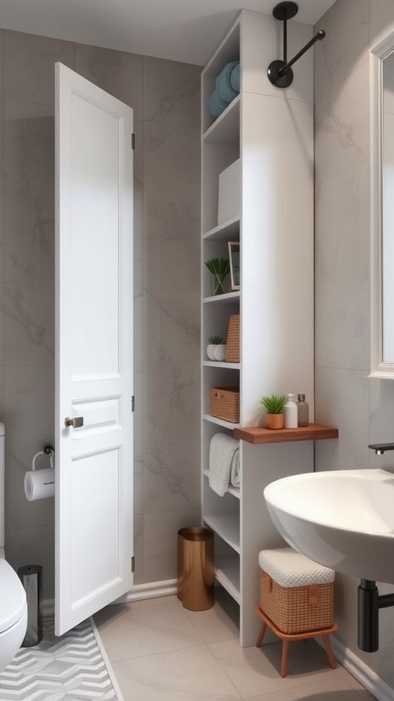 A modern bathroom showcasing tall shelving for storage and a small stool.