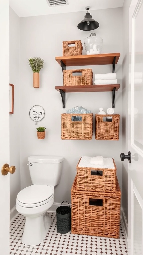 A small bathroom with creative storage solutions, featuring floating shelves, woven baskets, and a small plant.