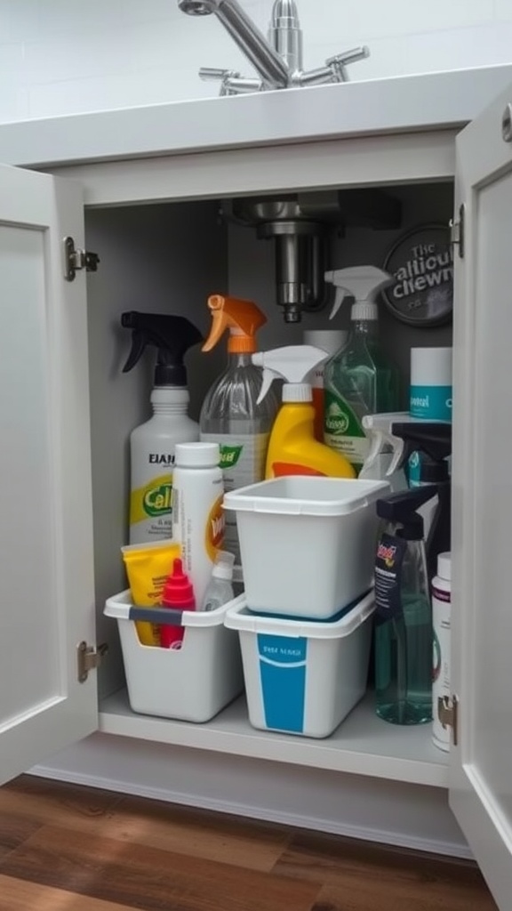 Organized under-sink cabinet with cleaning supplies and storage bins