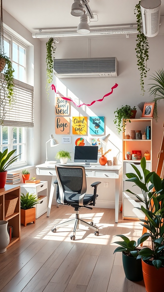 A bright and colorful home office with plants and a desk setup