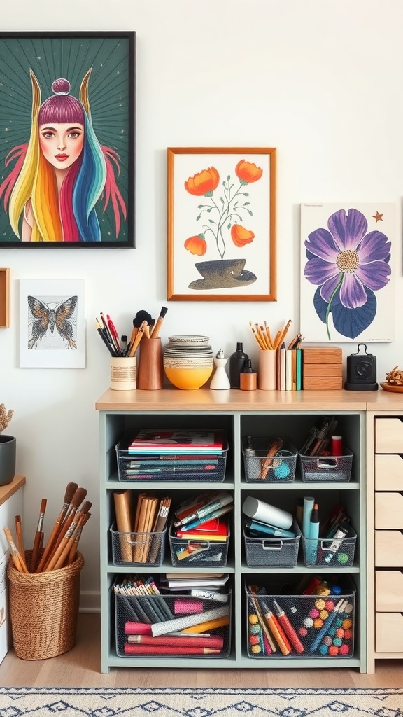 An organized creative workspace with art supplies neatly arranged in containers and vibrant artwork on the walls.