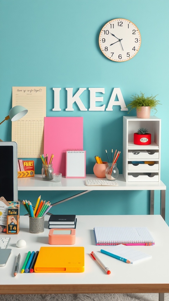 A desk with colorful Ikea accessories including pens, notebooks, and a plant against a blue wall.