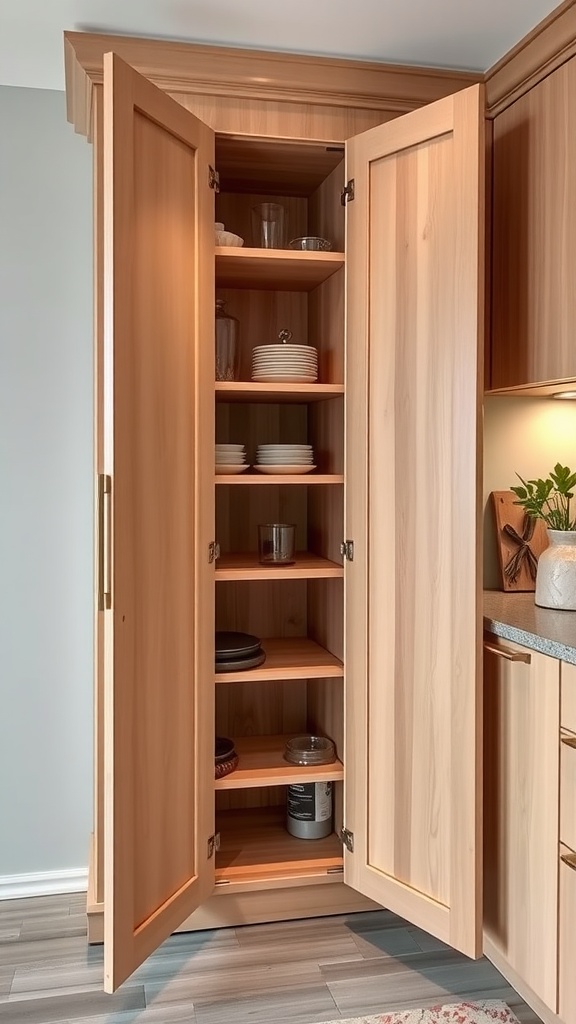 Open corner cabinet displaying plates and glassware with warm wood finish