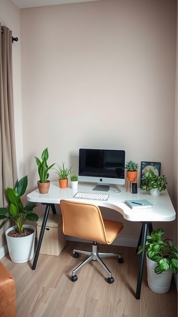 A small home office setup in a corner featuring a desk with a computer, chair, and various plants.