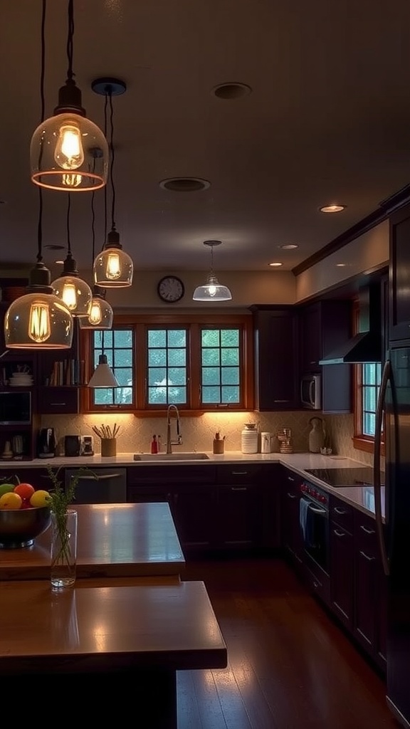 A cozy kitchen with warm pendant lights hanging over the countertops and large windows allowing natural light in.