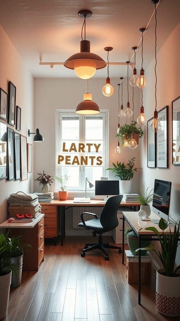 A cozy tiny home office with various lighting fixtures, including a central ceiling lamp and hanging bulbs, surrounded by plants and wooden furniture.