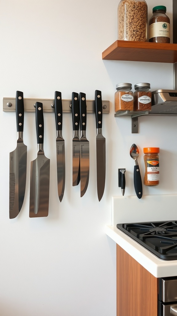 A magnetic strip mounted on a wall holding a set of kitchen knives and a few small tools