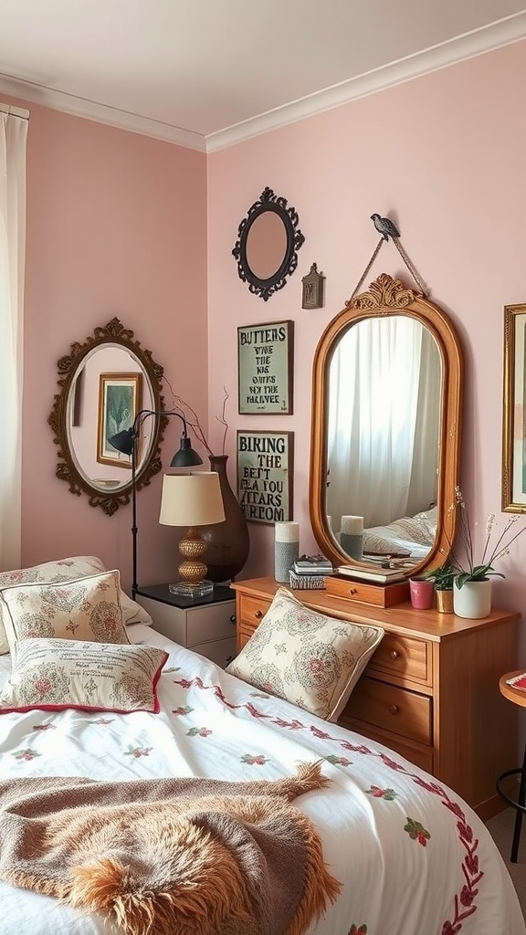 A cozy boho bedroom featuring a mix of mirrors on the wall, soft bedding, and warm colors.