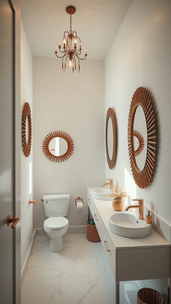 Aesthetic bathroom design featuring multiple decorative mirrors and warm lighting.