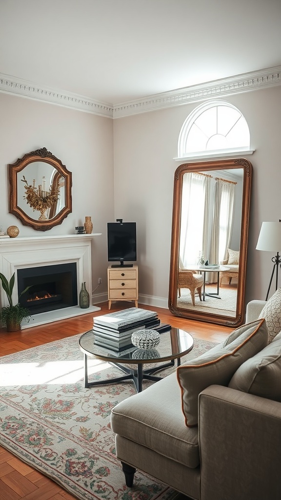 A cozy living room with mirrors reflecting natural light, showcasing a warm and inviting atmosphere.