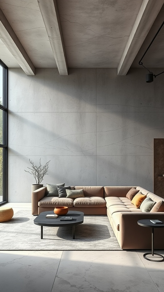 Brutalist living room featuring concrete walls, a velvet sofa, and large windows.