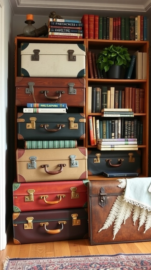 A home library setup featuring stacked vintage suitcases used for storing books, surrounded by bookshelves filled with various books and a potted plant.