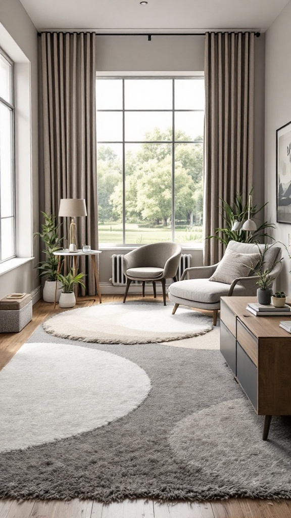 A small office interior showcasing creative use of rugs to define different work zones.