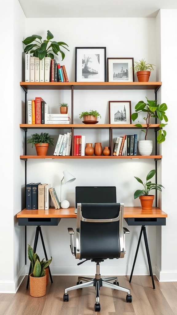 A home office featuring a stylish desk with an ergonomic chair and creative shelving filled with books and plants.