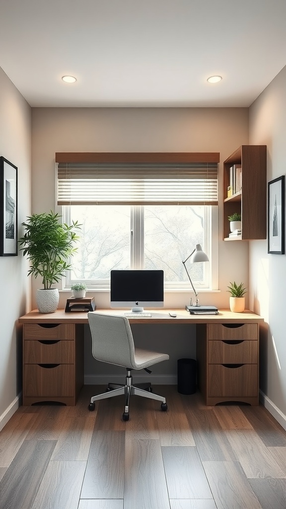 Small home office space with a wooden desk, computer, and plants by the window.