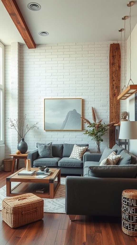 A modern living room featuring rustic wood accents, large windows, and neutral decor elements.