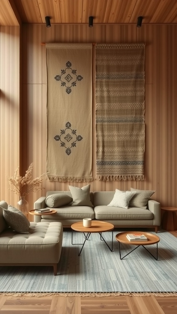 A cozy living room featuring textile wall hangings, neutral sofas, and wooden decor.